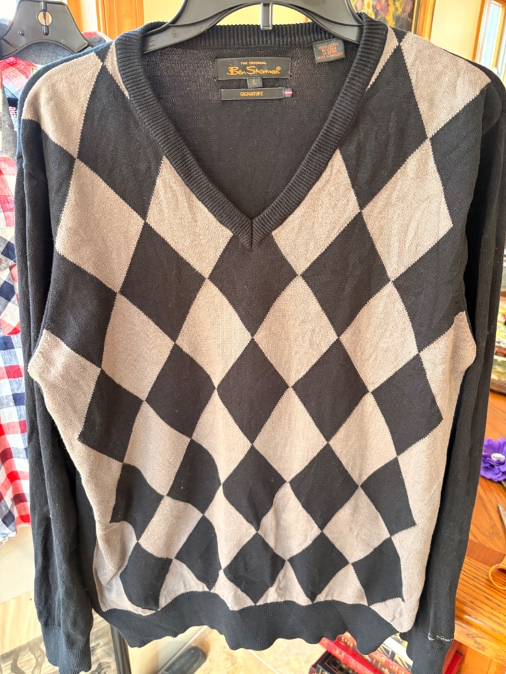 Ben Sherman Black And Tan Cotton Argyle Mens Sweater